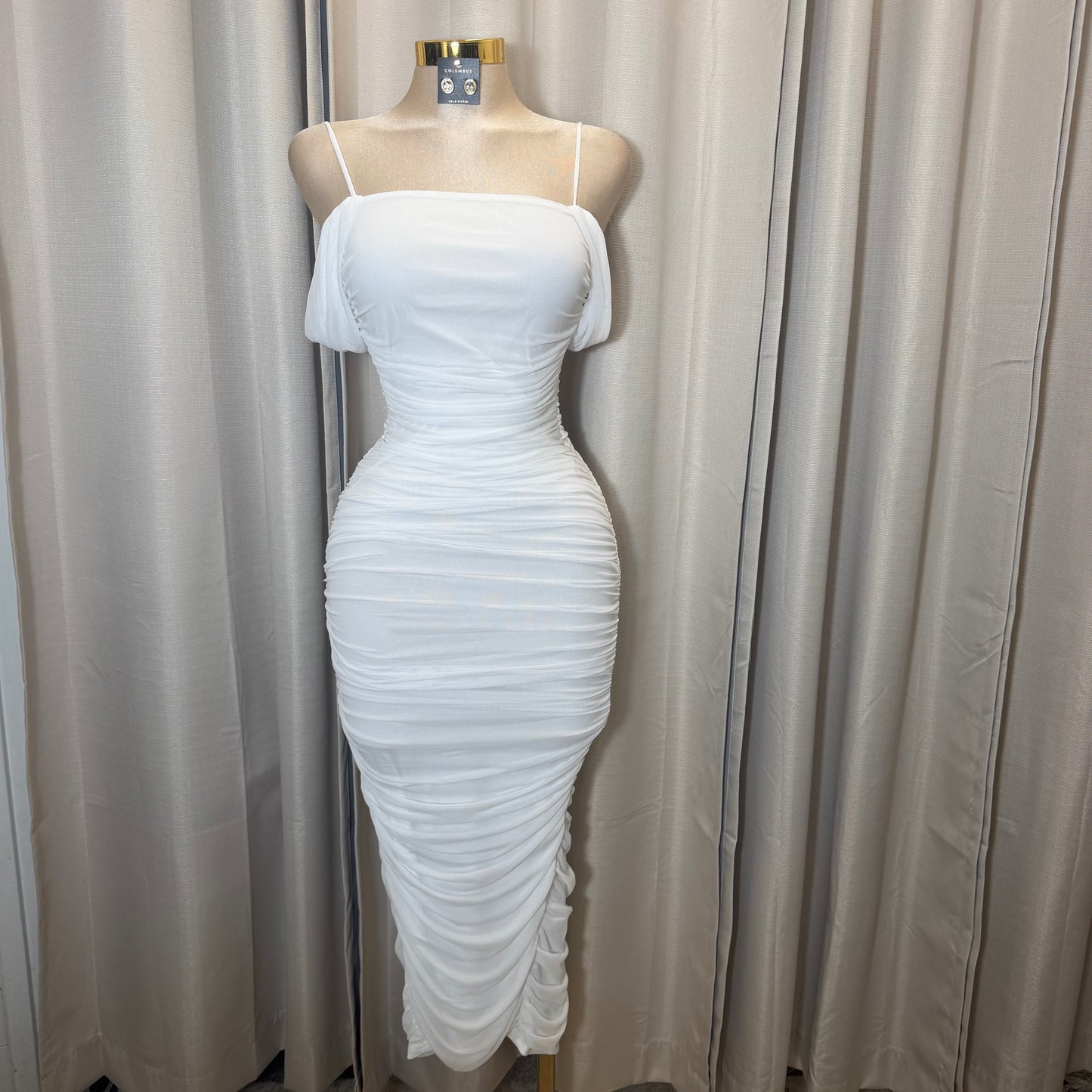 Mesh off shoulder Midi Dress-Ivory/White/Cream