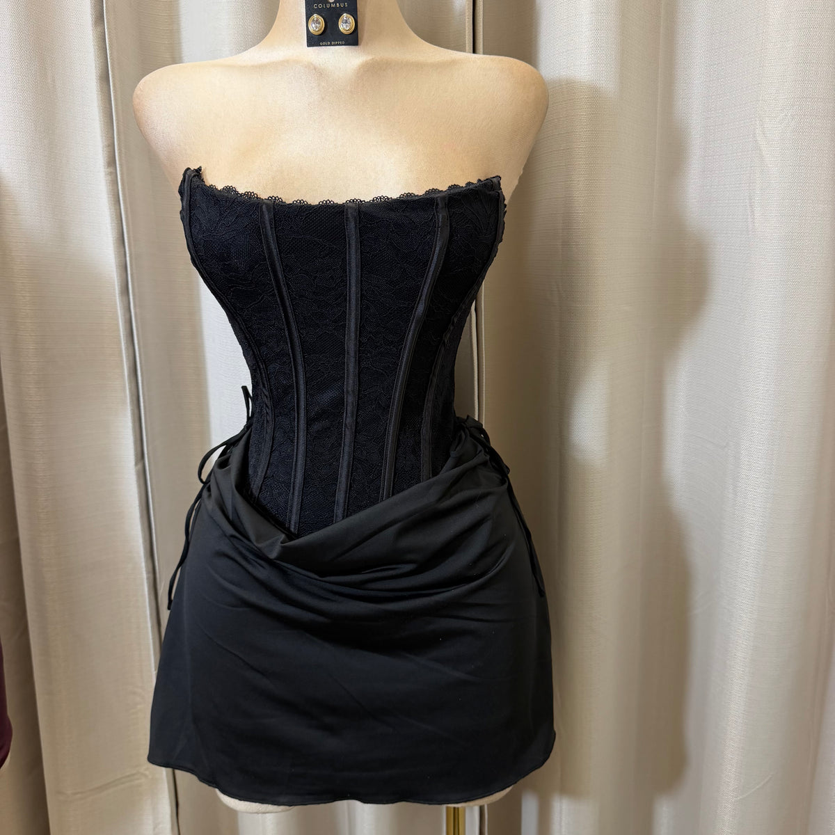 Strapless Lace Corset Cowl Front Mini Dress-Black