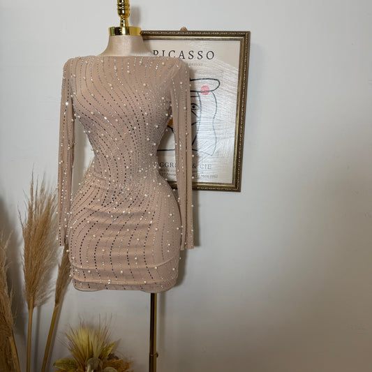 Rhinestone Trim Wave Pearl On Power Mesh Mini Dress-Nude