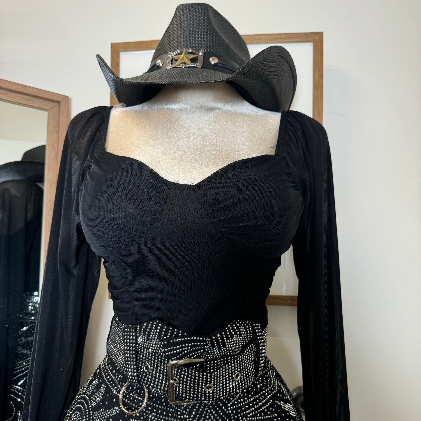 Mesh Long Sleeve Crop Top-Black