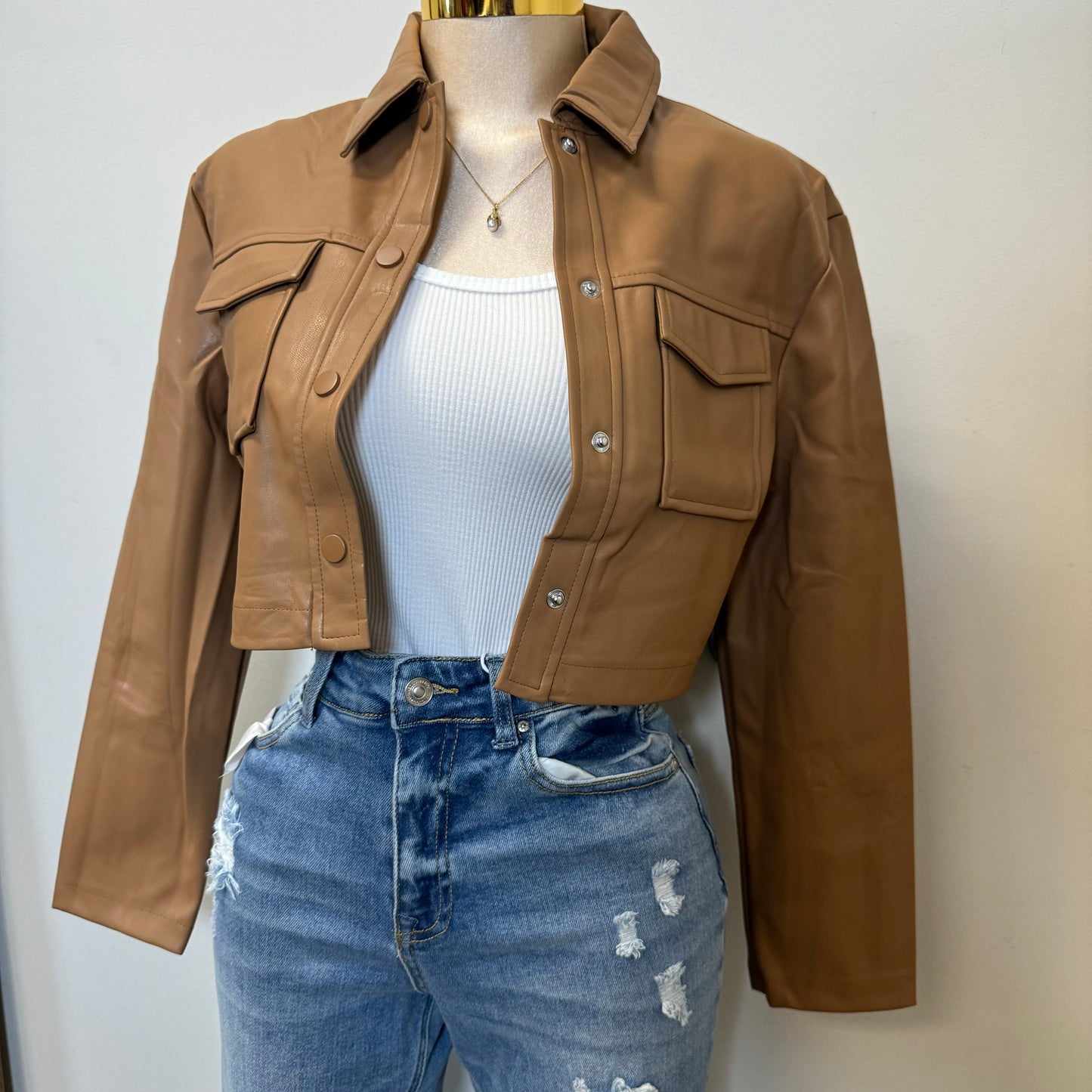 Lulú PU Leather Cropped Jacket -Brown