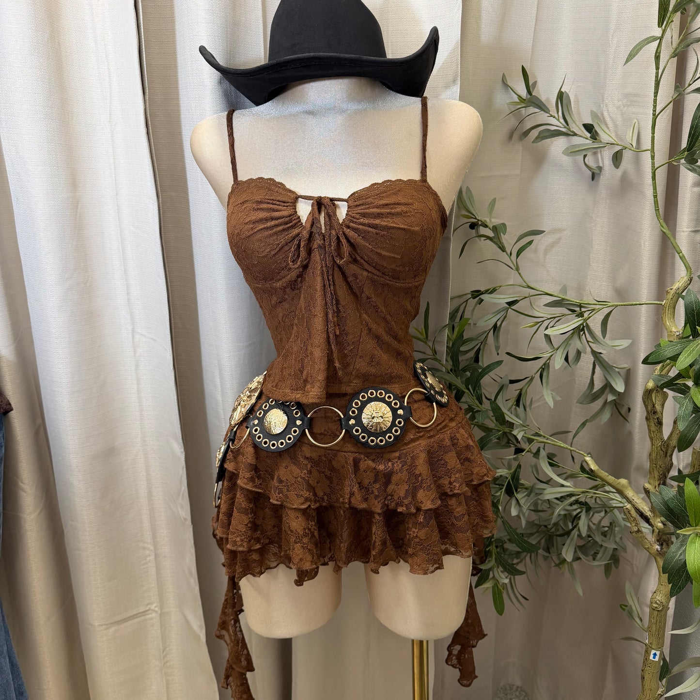 Lace Top and Ruffle Skirt Set-Brown