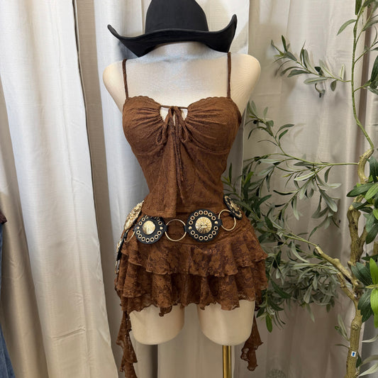 Lace Top and Ruffle Skirt Set-Brown