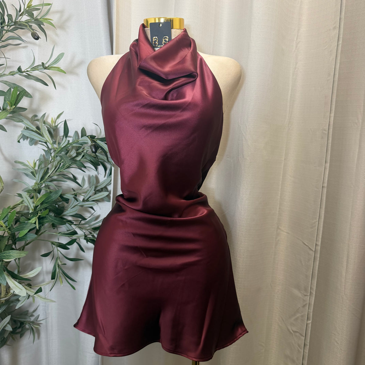 Halter Satin Mini Dress-Burgundy