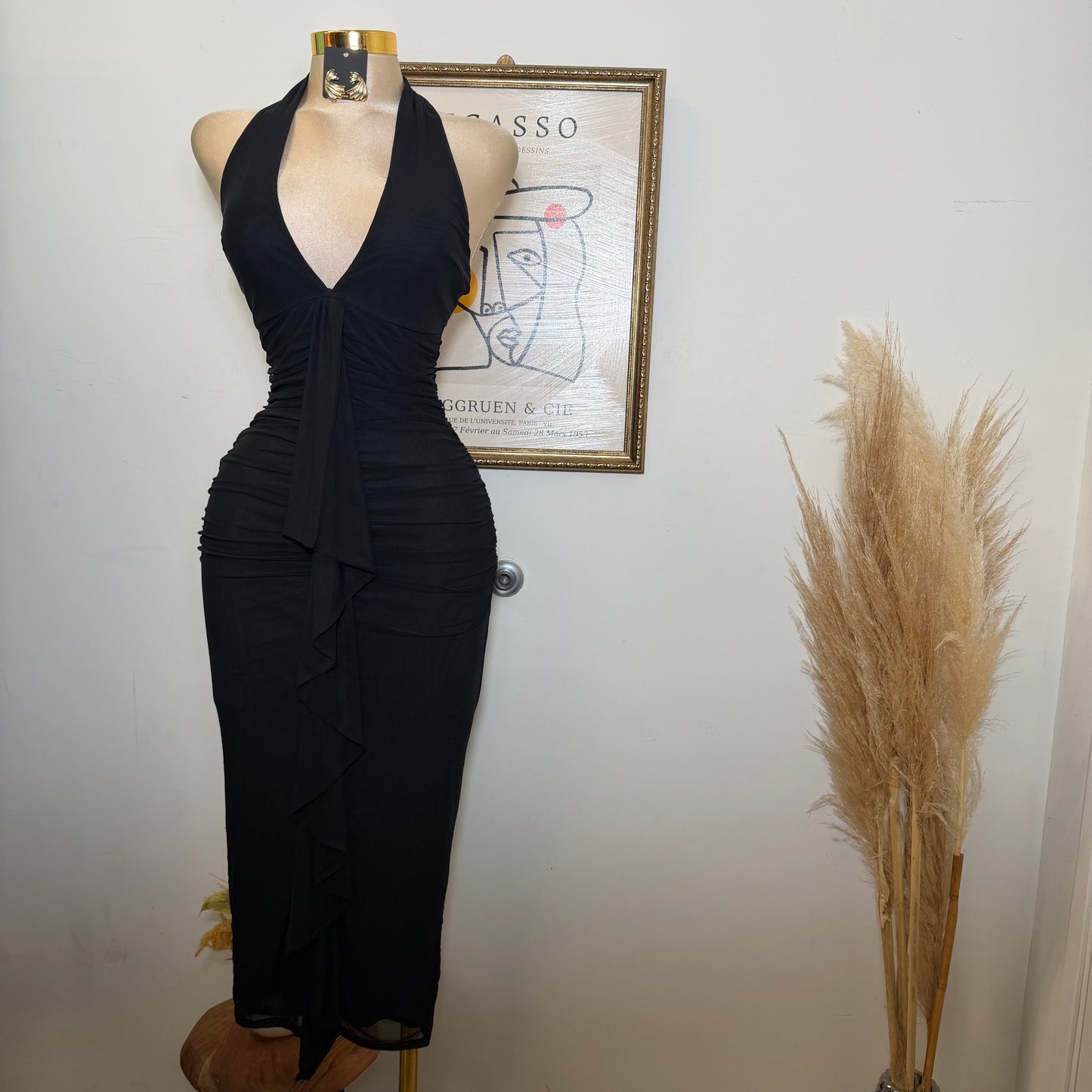 Mesh Midi Dress W/ a Front Sash-Black
