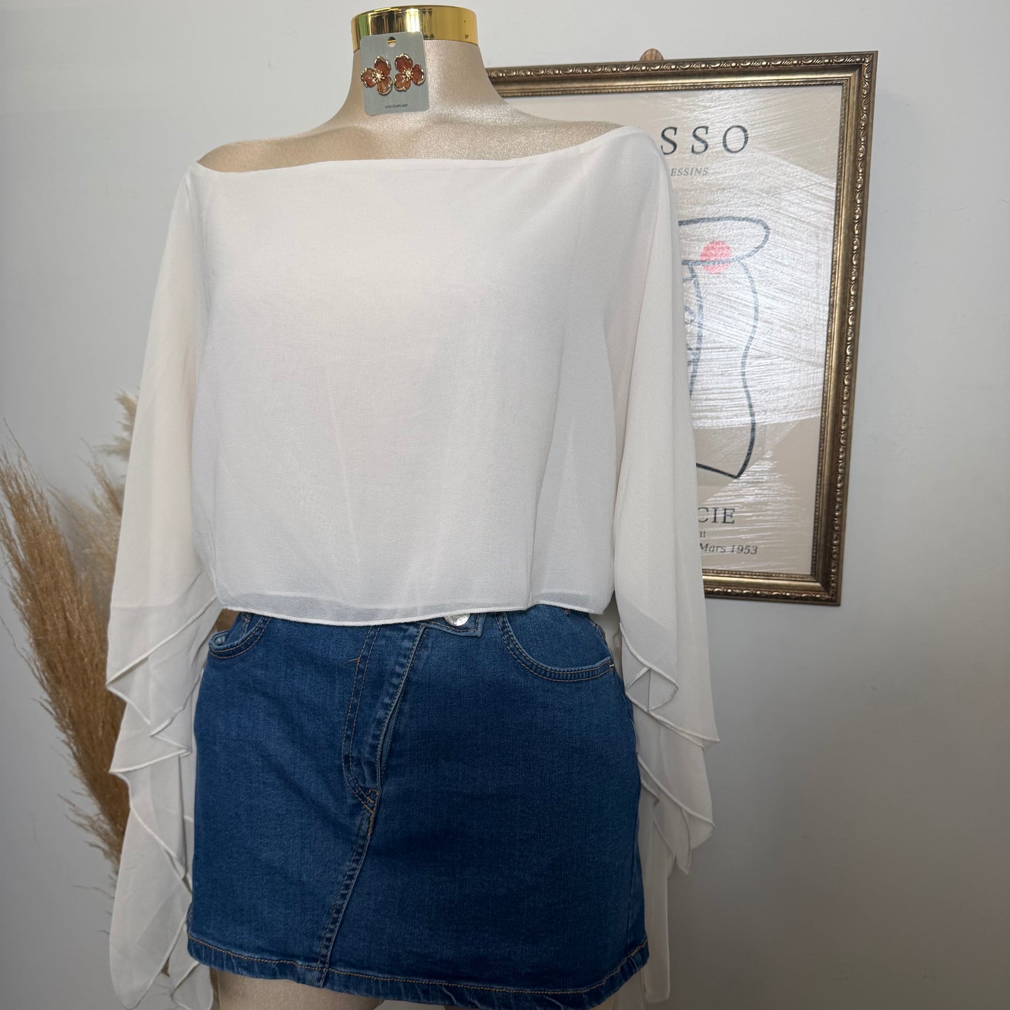 Sheer One-Shoulder Drape Crop Top-Cream