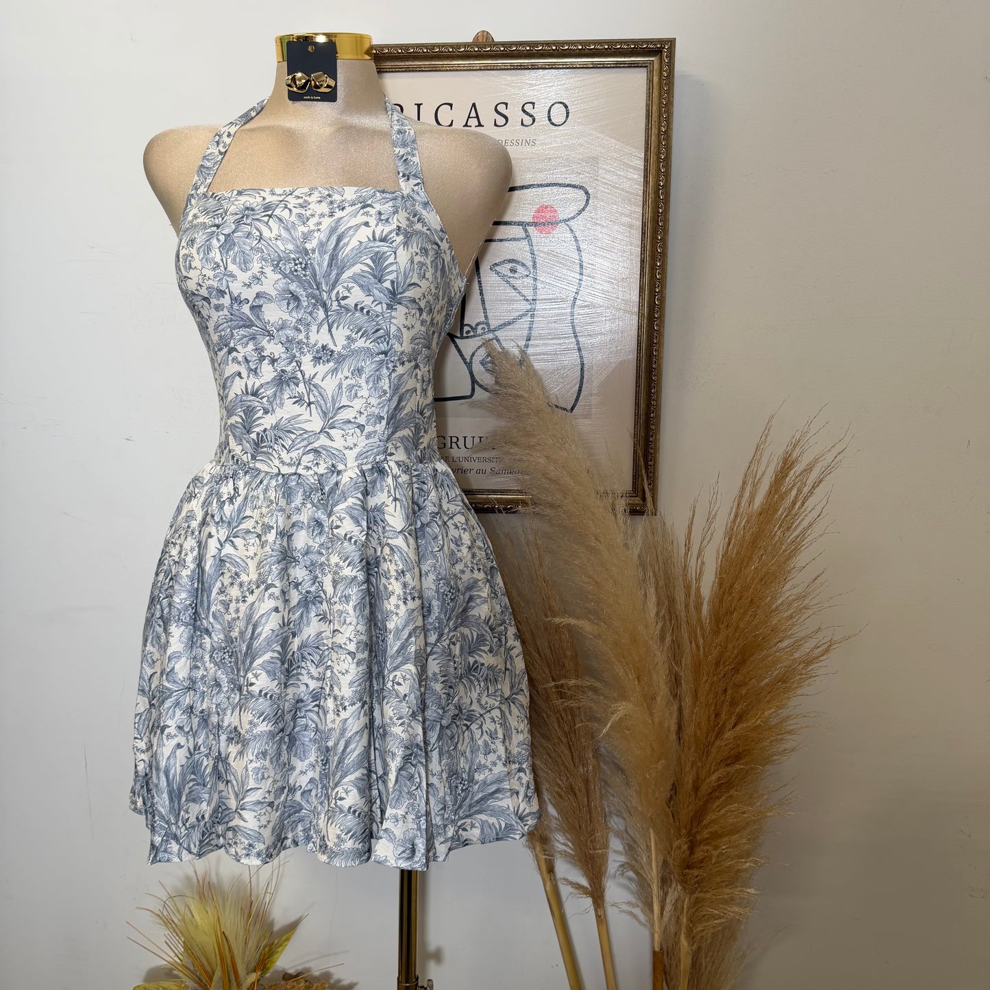 Tropical Toile Halter Mini Dress-Beige/Navy