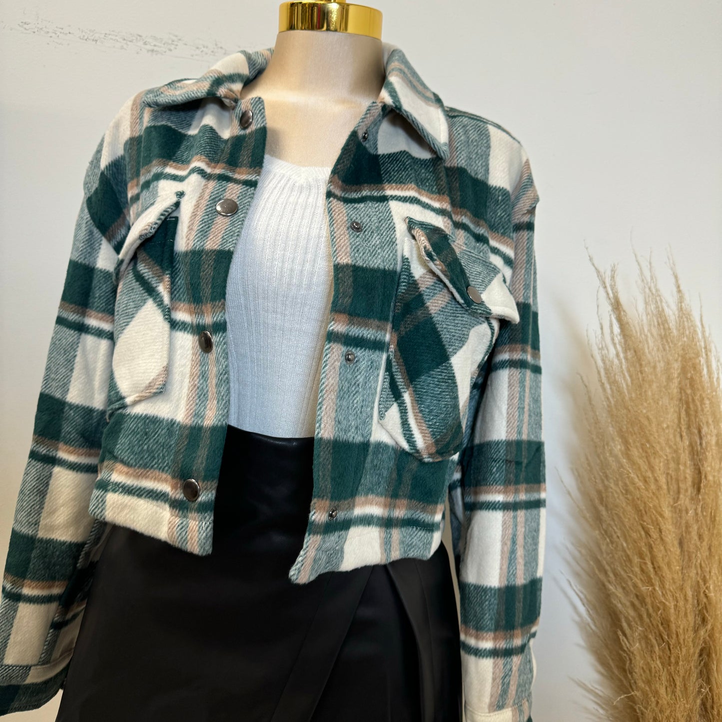 Aisha Crop Plaid Jacket-Hunter Green