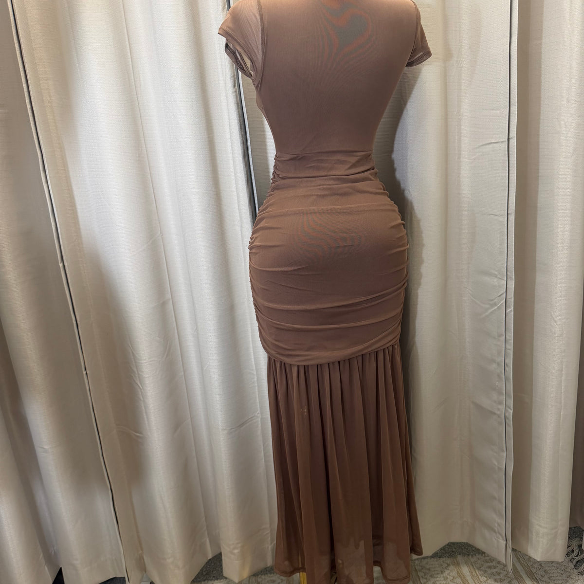 Short Sleeve Solid Mesh  Maxi Dress-Brown