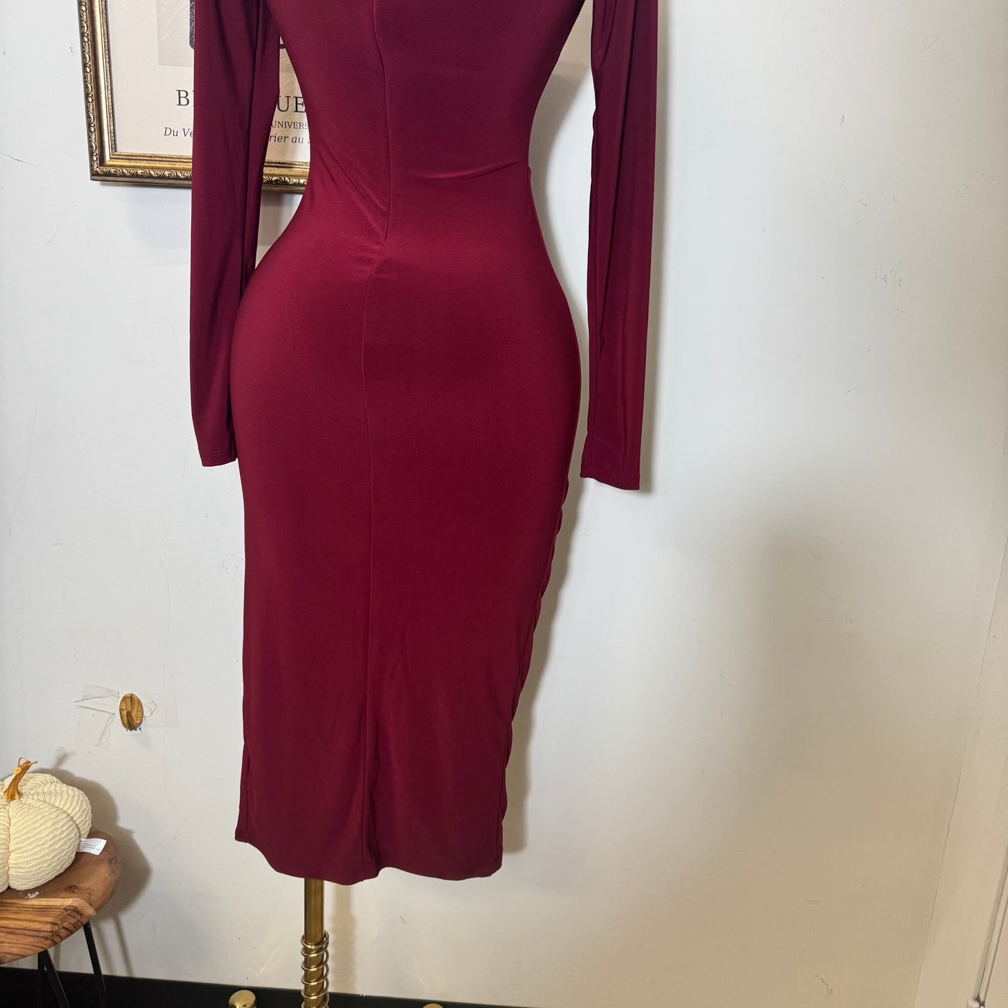 Mock Neck Ruffle Midi Dress-Wine