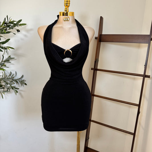 Cowl Halter Dress  -Black