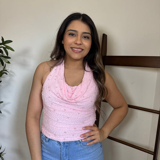 Cowl beaded Halter Top-Pink