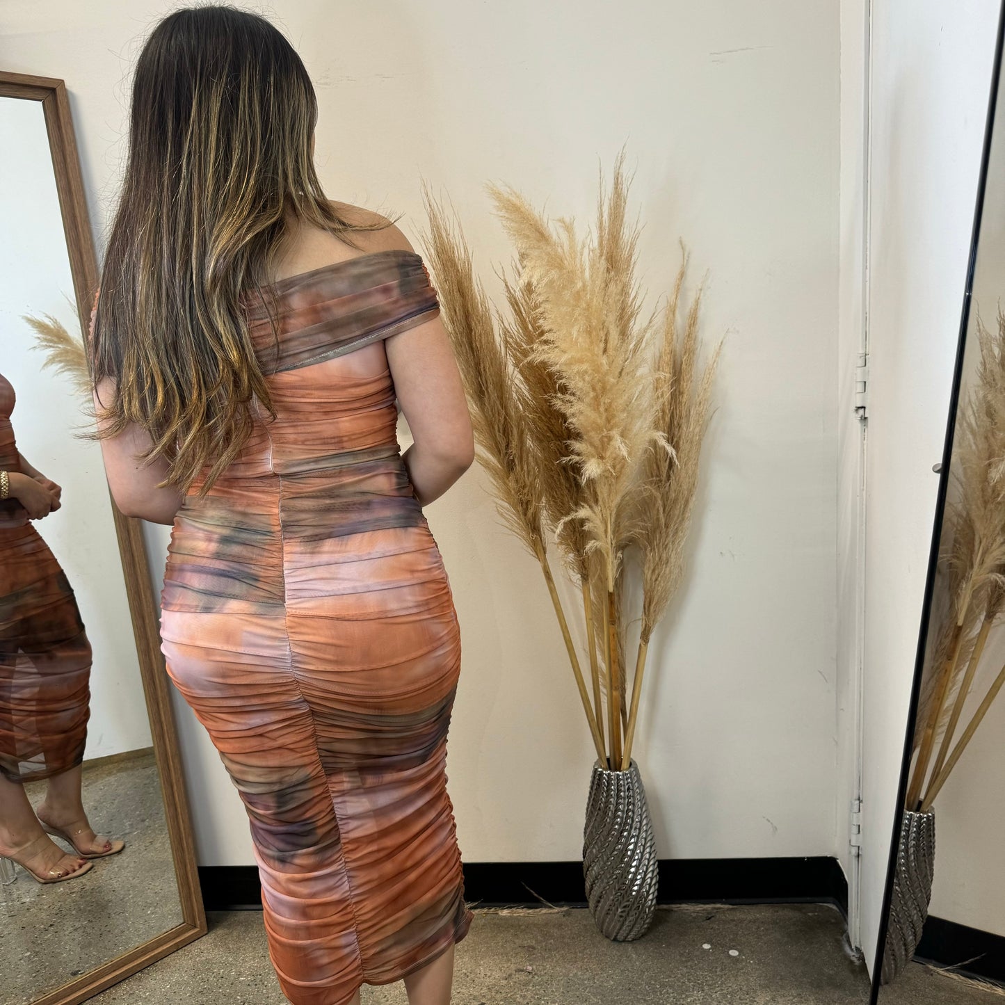 Off Shoulder Mesh Midi Dress-Multi Color