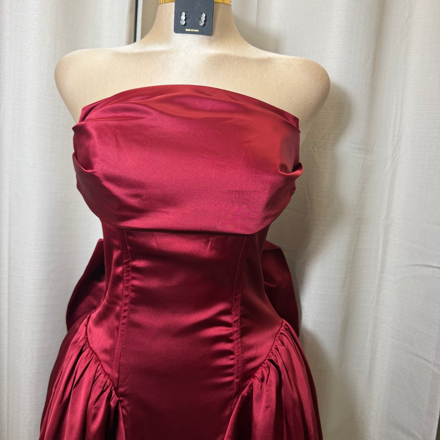 Satin Strapless Corset Lace up Bow Mini Dress-Burgundy