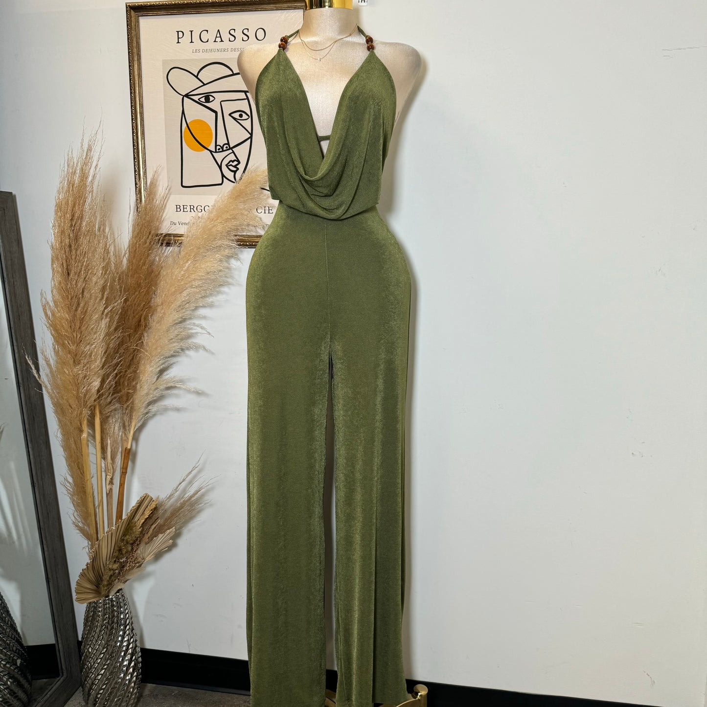 Bead Cowl Neck Halter Jumpsuit-Green