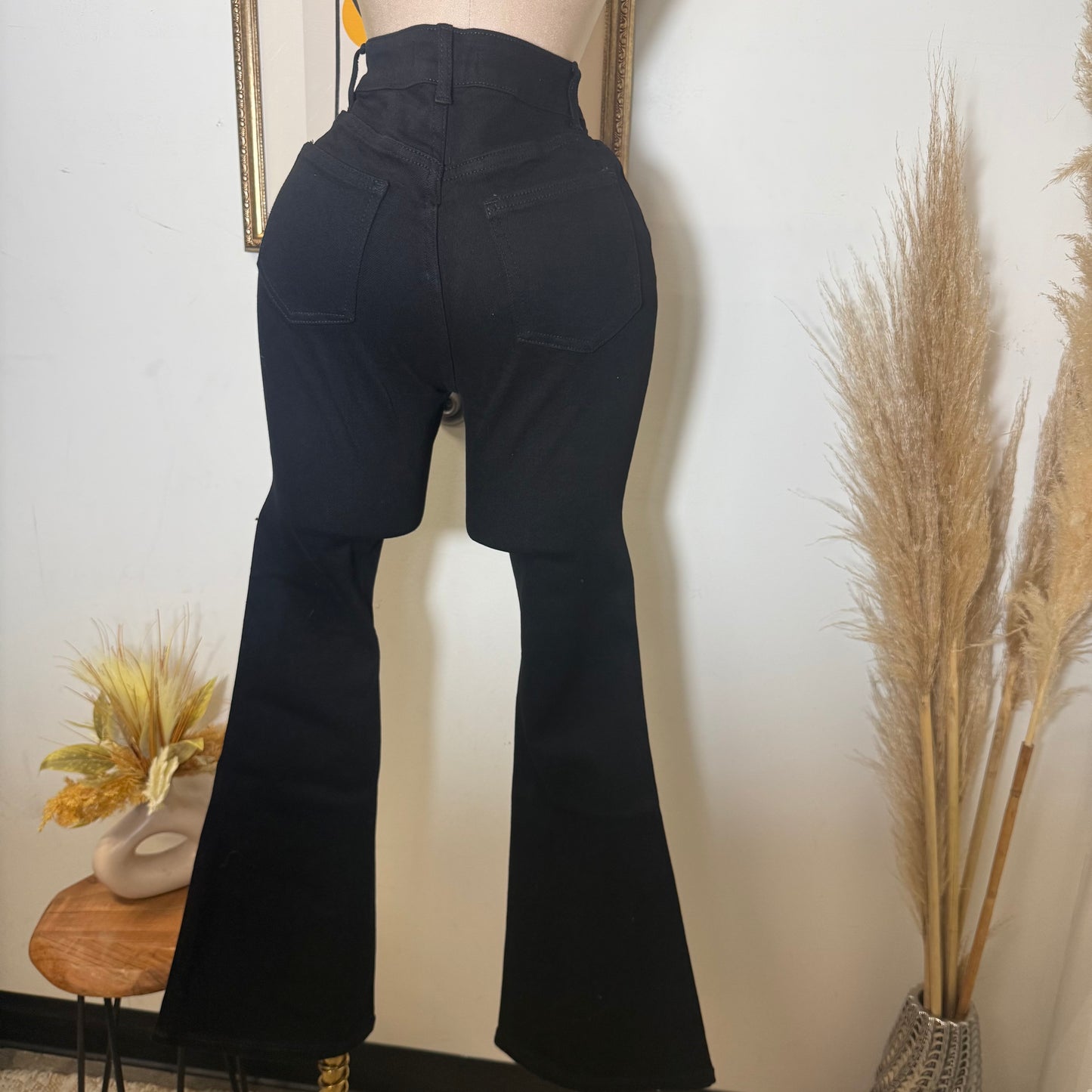 Flare Denim Black Pants-Black