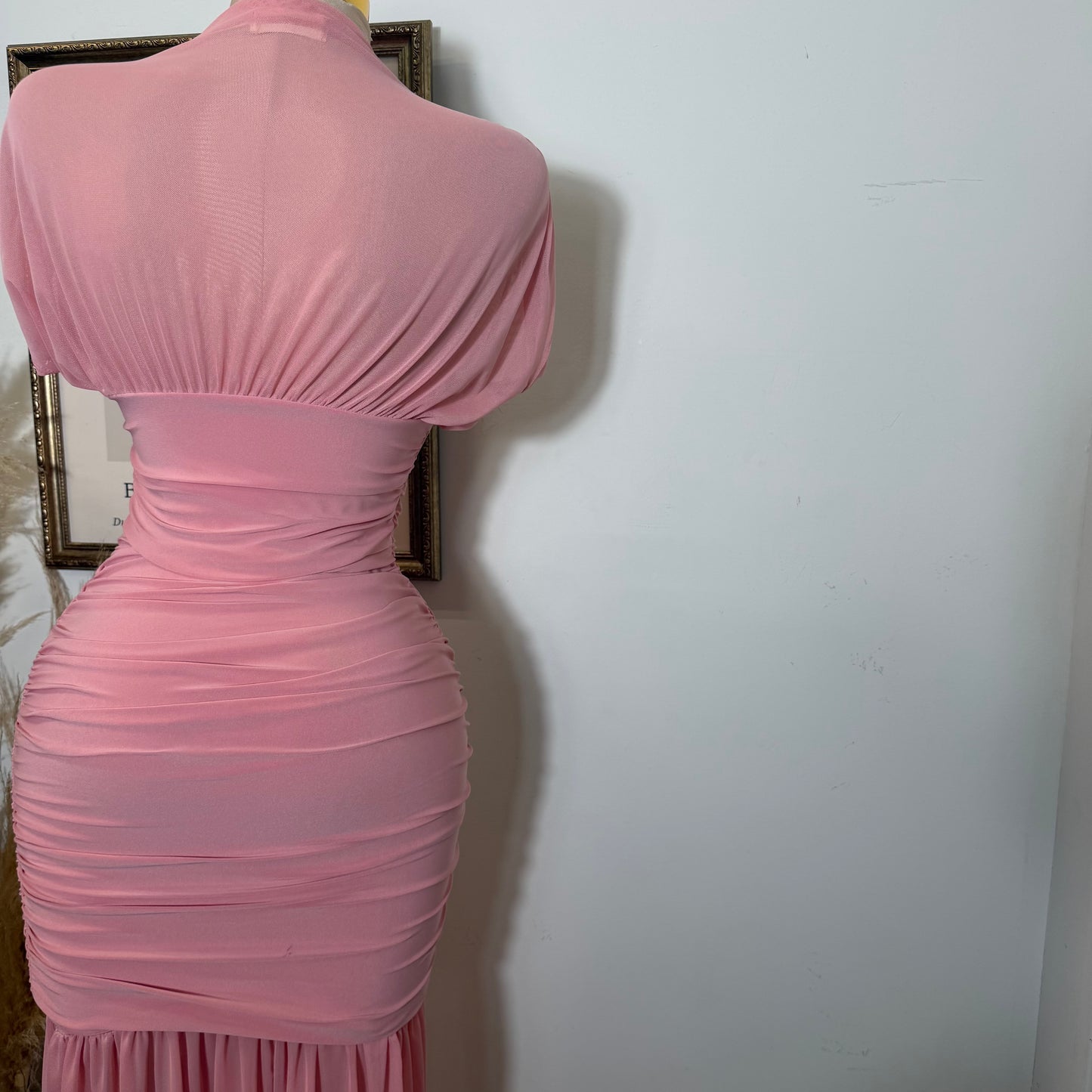 Mesh & Knit Mix Long Dress-Pink