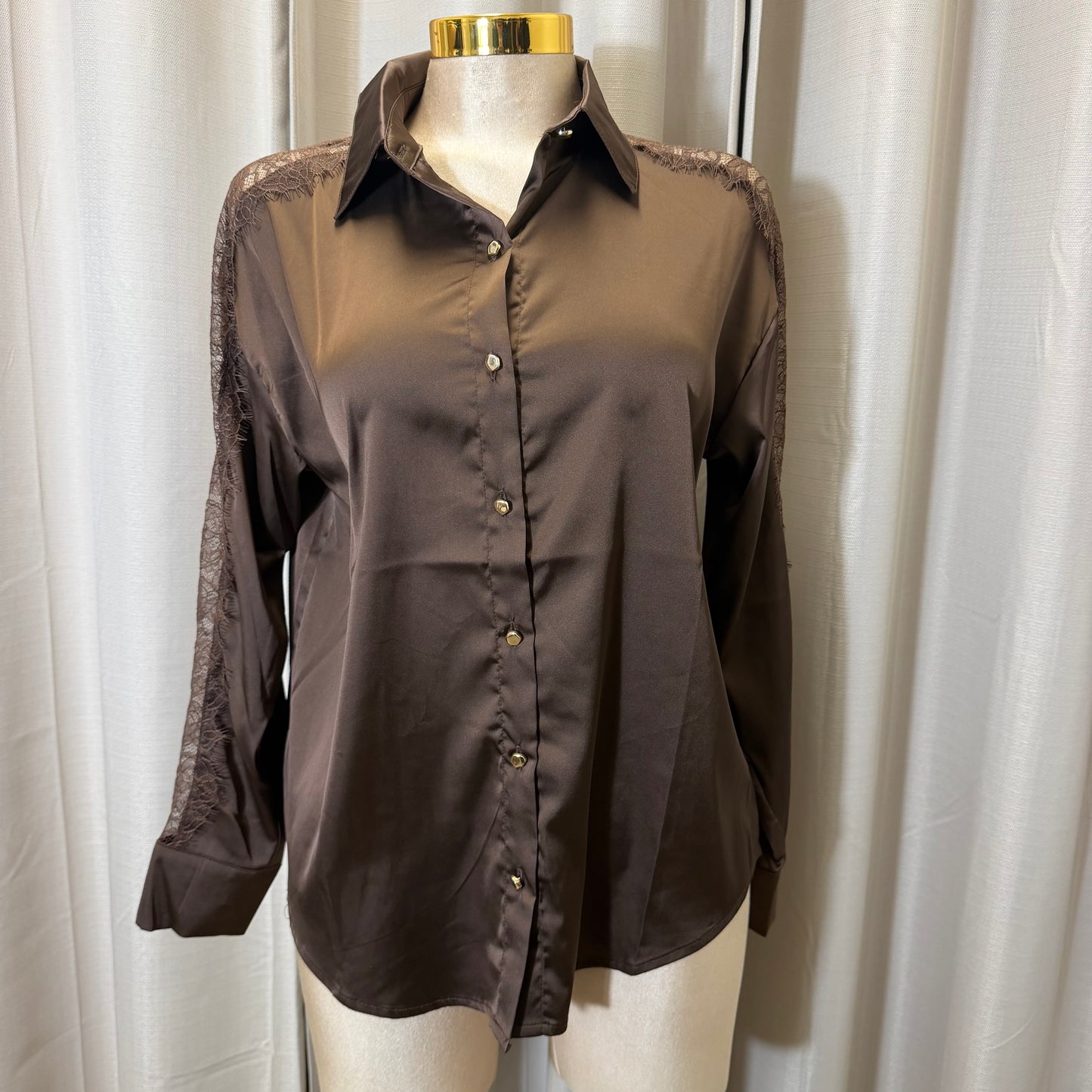 Long sleeve button up lace satin top-Brown