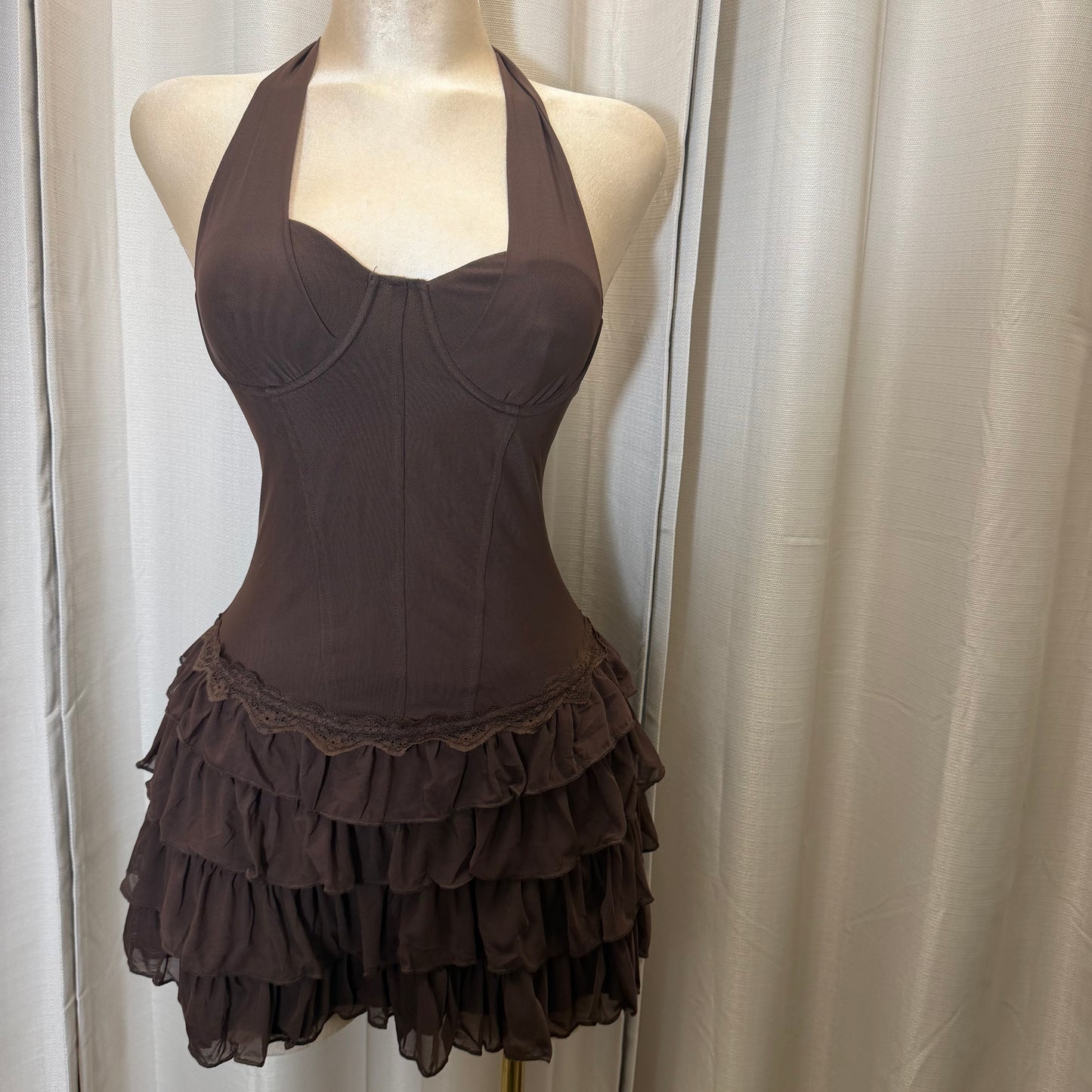 Halter Neck Mini Corset Dress with Layered skirt-Brown