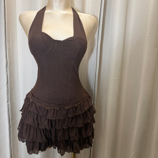 Halter Neck Mini Corset Dress with Layered skirt-Brown