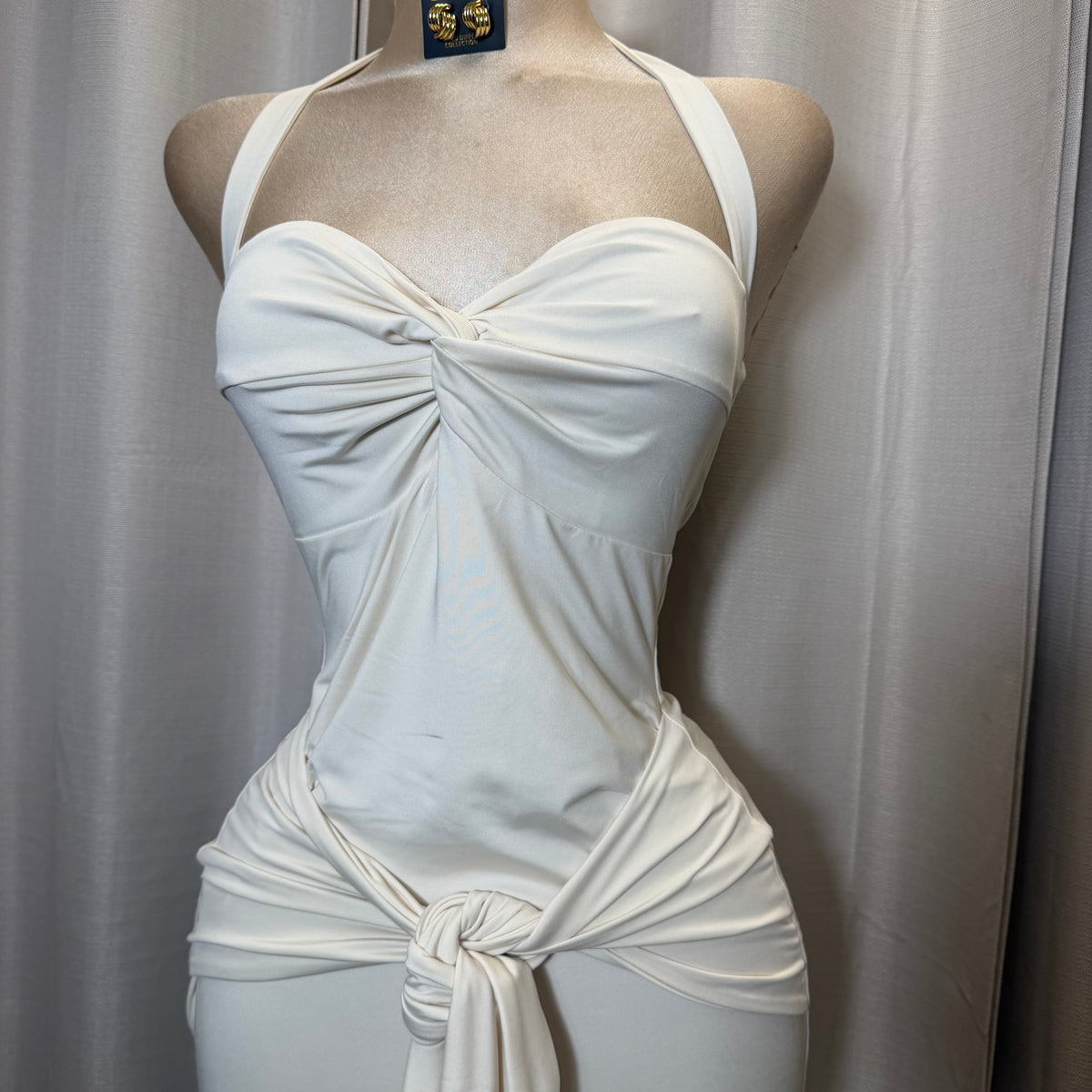 HALTER TWIST FRONT DRAPED MAXI DRESS-Cream/White