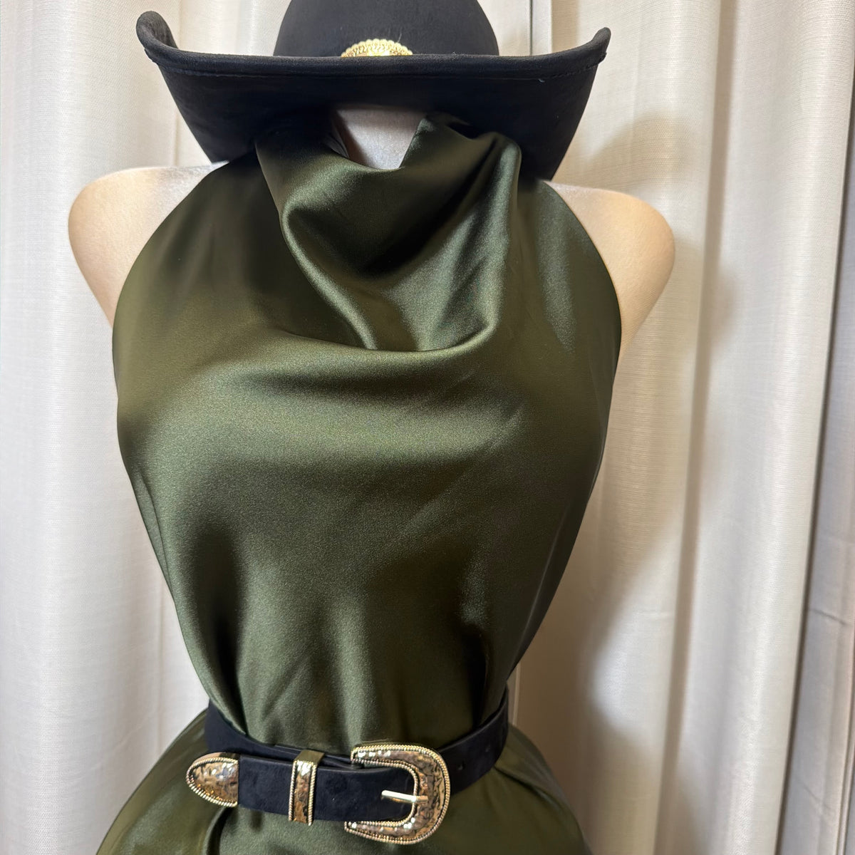 Halter Satin Mini Dress-Olive
