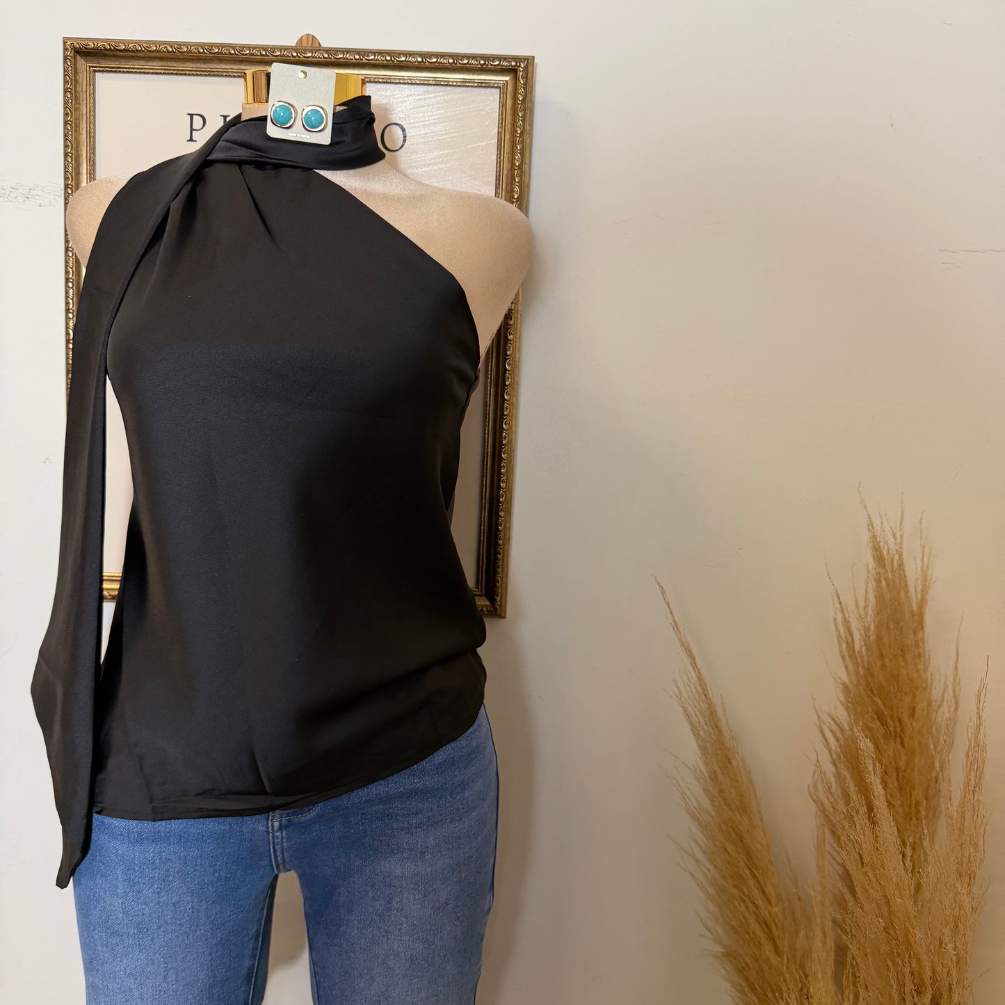 One Shoulder Satin Top w/ Scarf Detail-Black
