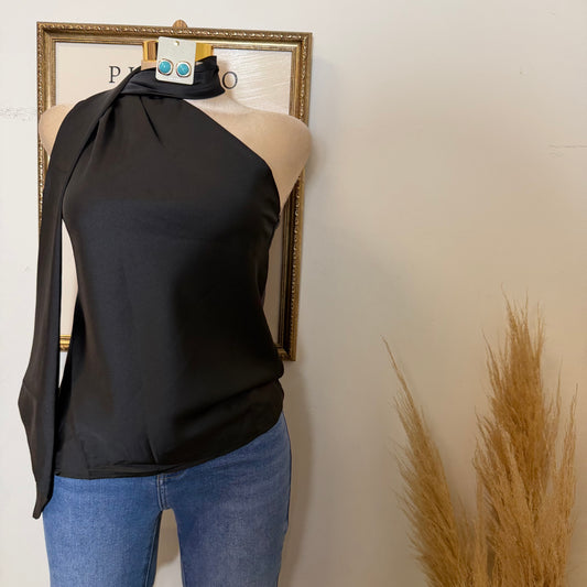 One Shoulder Satin Top w/ Scarf Detail-Black