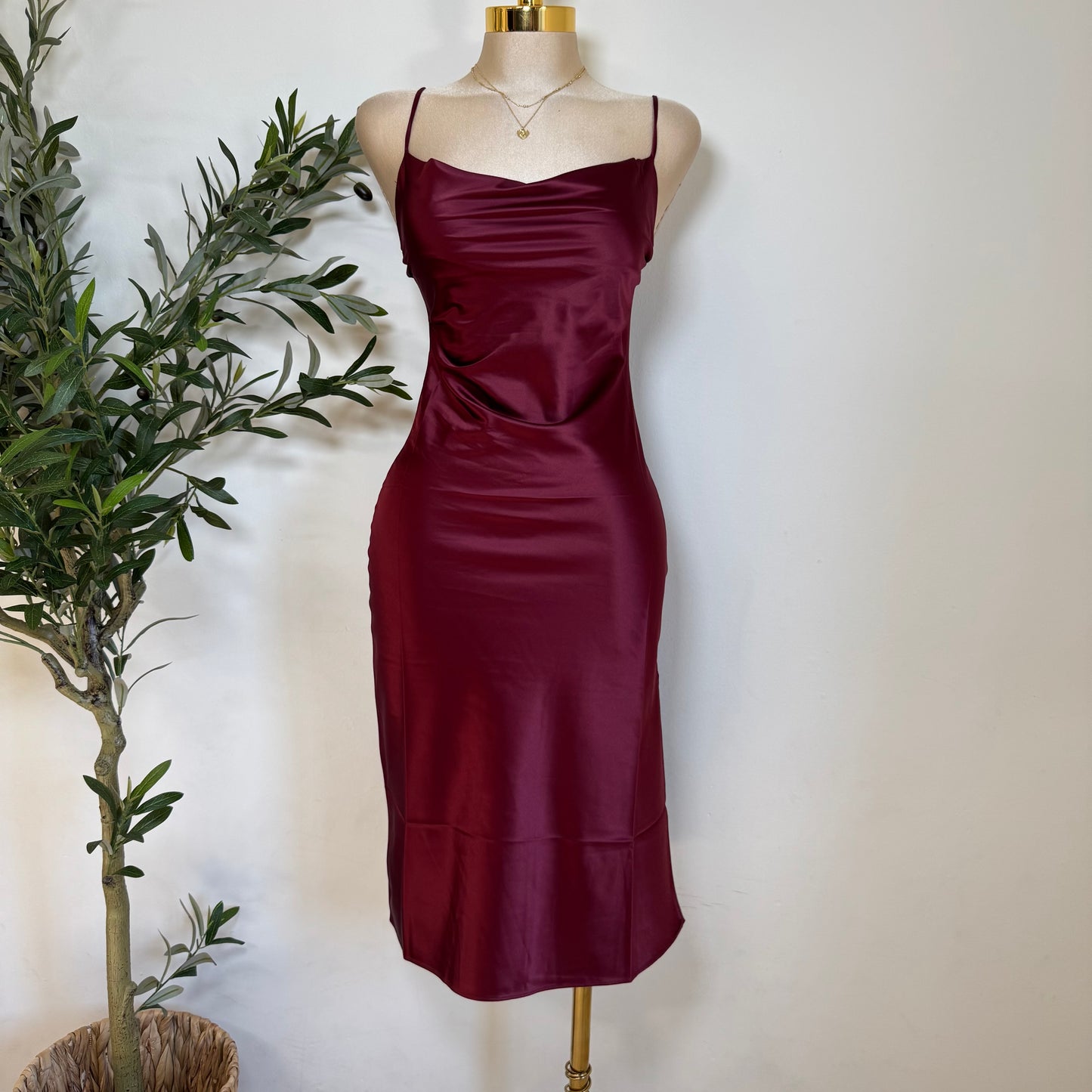 Satin Mermaid Midi Dress-Burgundy