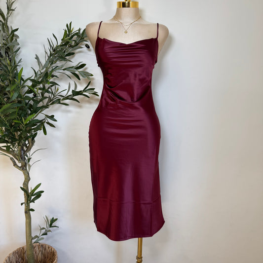 Satin Mermaid Midi Dress-Burgundy