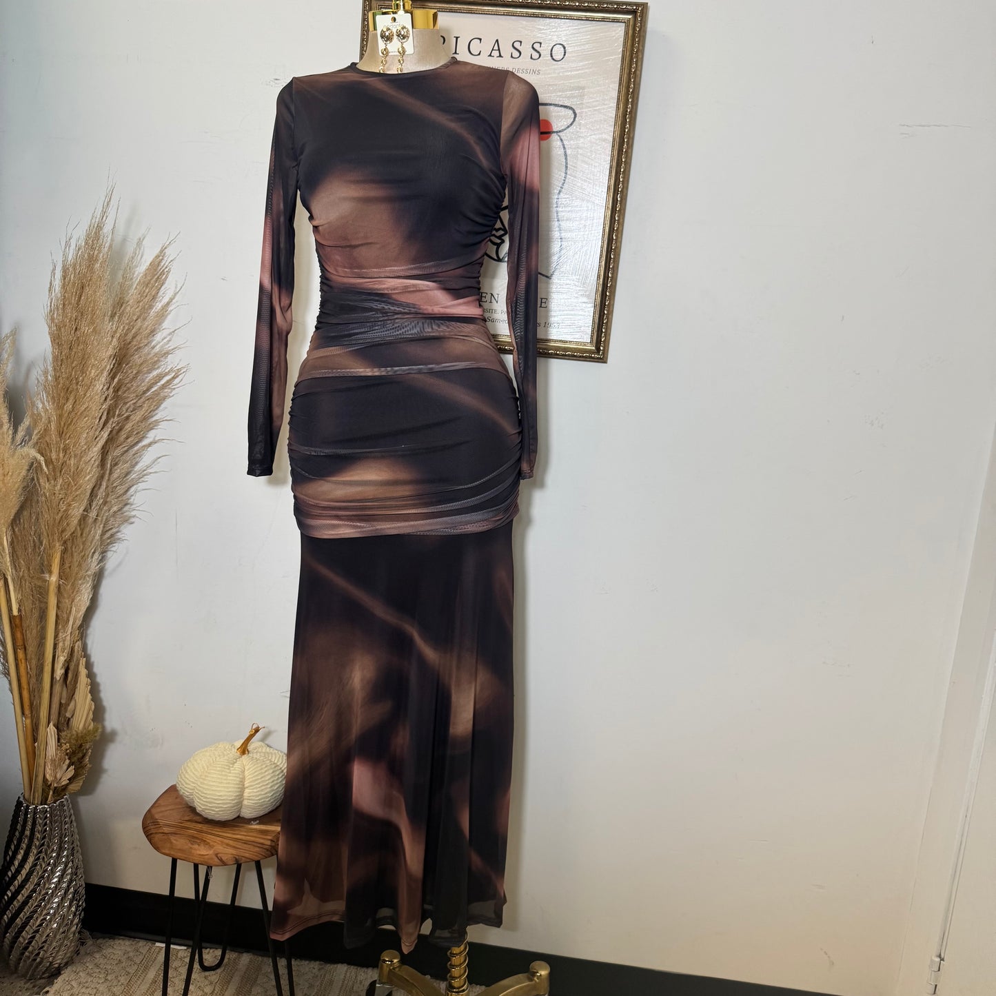 Geographic Mesh Maxi Dress-Brown Combo