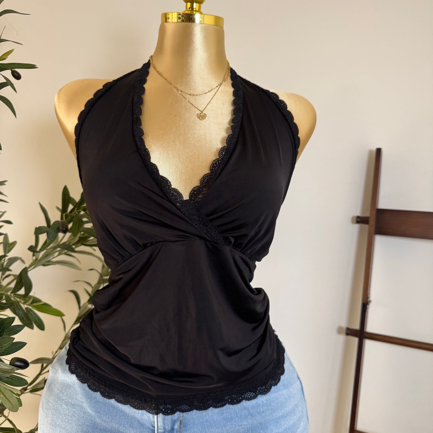 Halter Lace Detail Top PL-Black