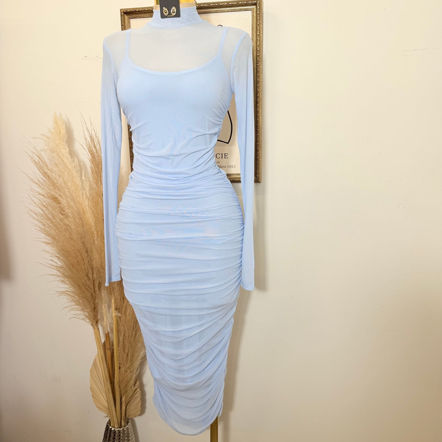 Solid Mesh Mock Neck Midi Long Sleeve Dress-Baby Blue