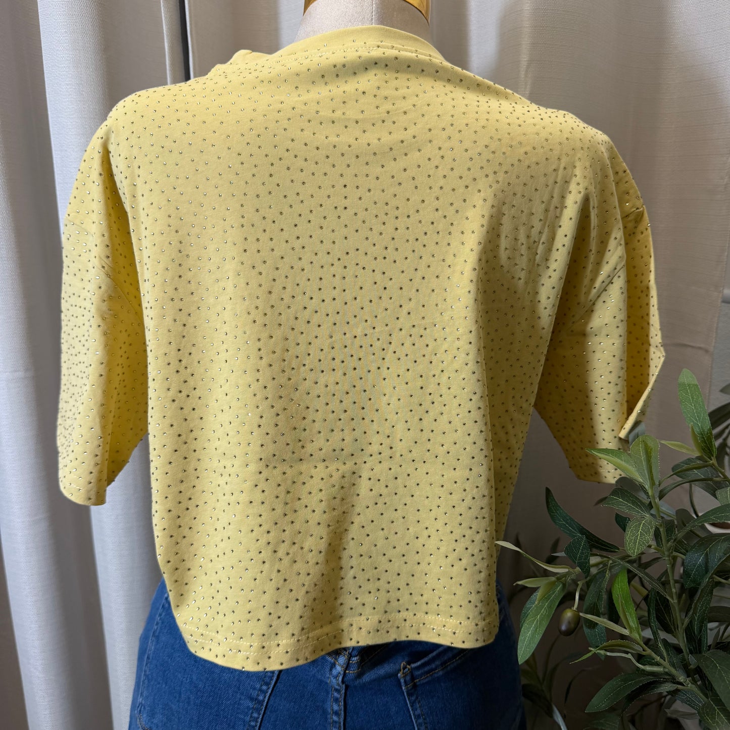 Rhinestone Crop Top-Butter Yellow