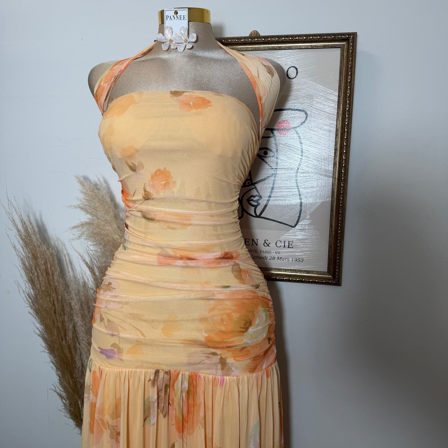 Printed Mesh Strapless Ruched Asymmetric maxi Dress-Peach Orange