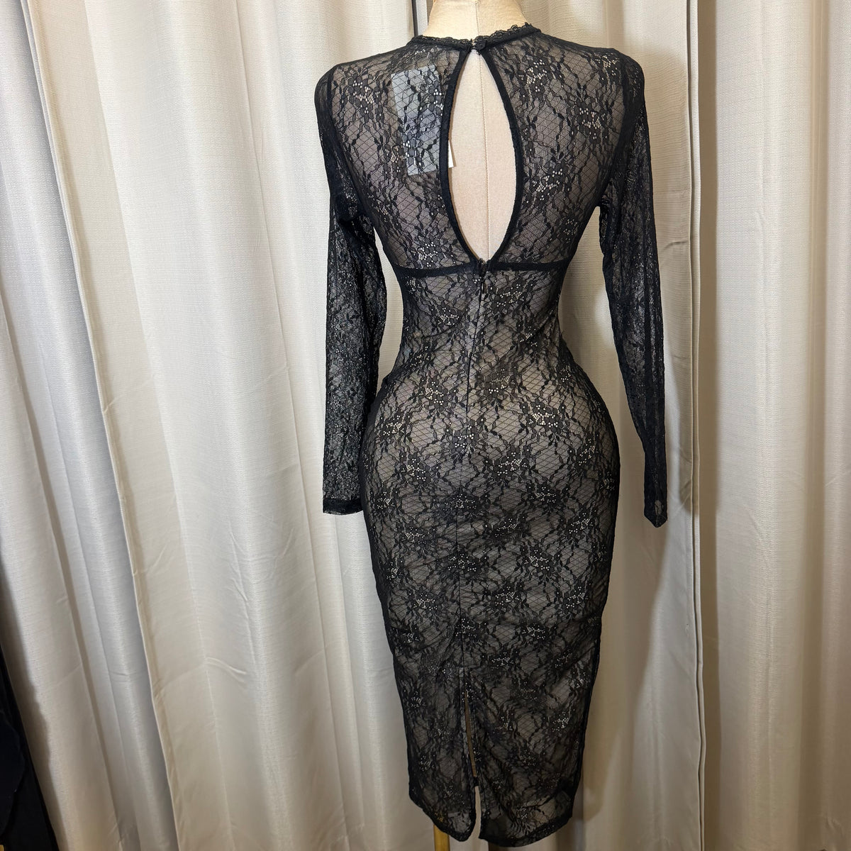 Lace  Long sleeve Sleeve Corset  Midi Dress-Black