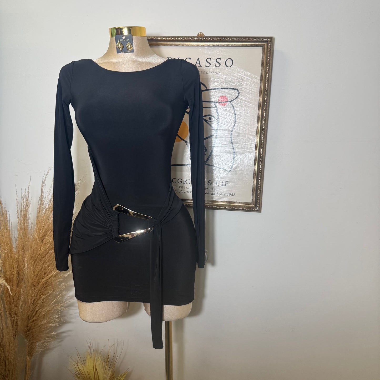 Long sleeve Drape Mini Dress-Black