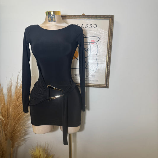 Long sleeve Drape Mini Dress-Black