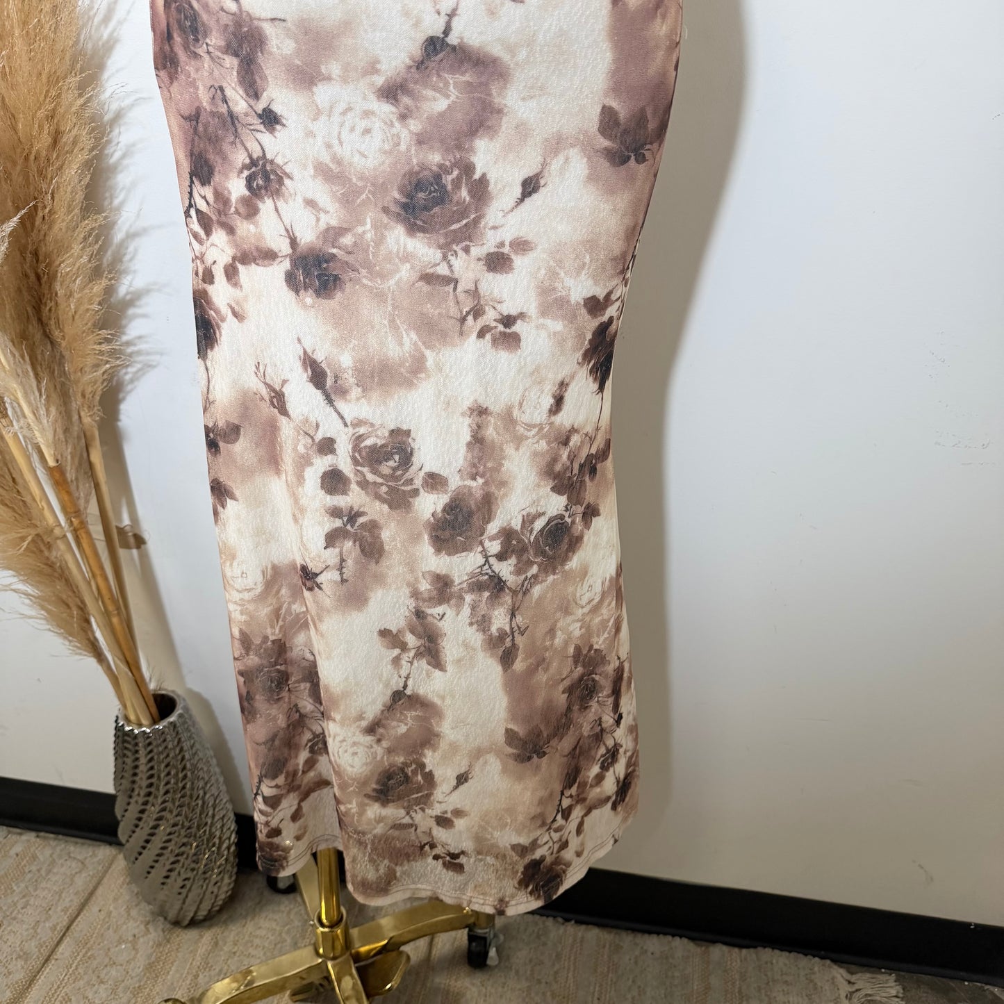 HalterNeck Print Midi Dress-Brown Floral