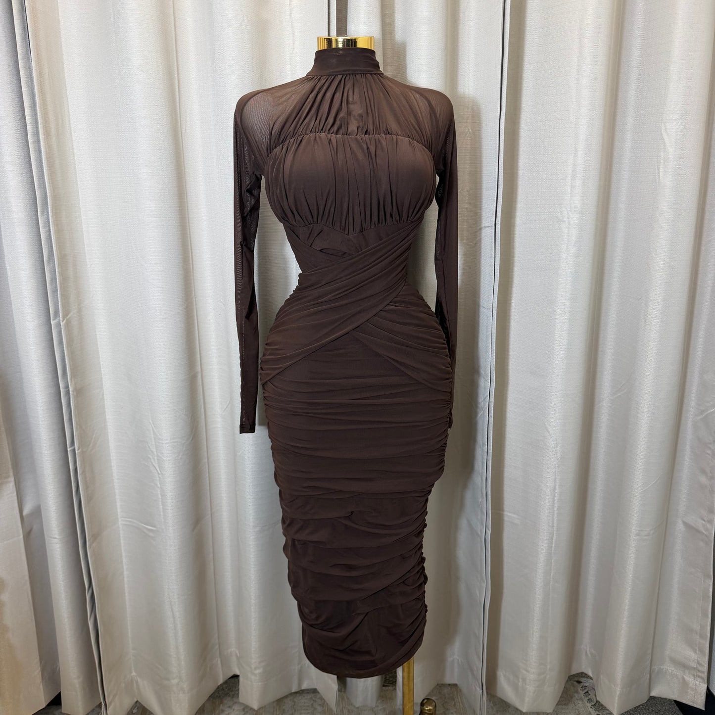 Long sleeve Mesh  Dress-Brown