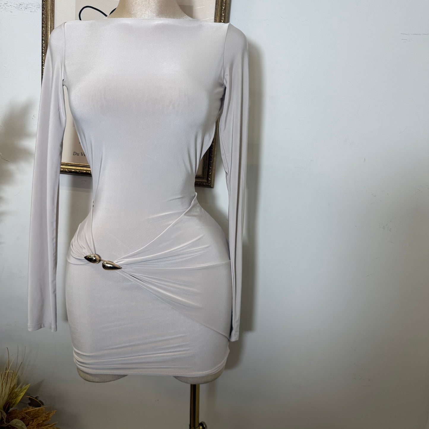 Long sleeve Drape Mini Dress-Stone