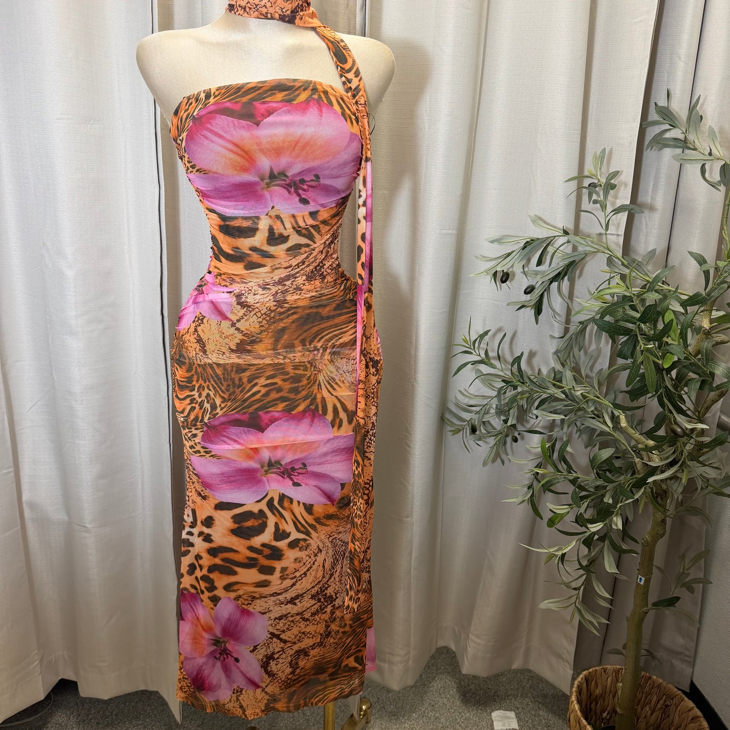 PRINT RUCHED MIDI DRESS-Brown Pink