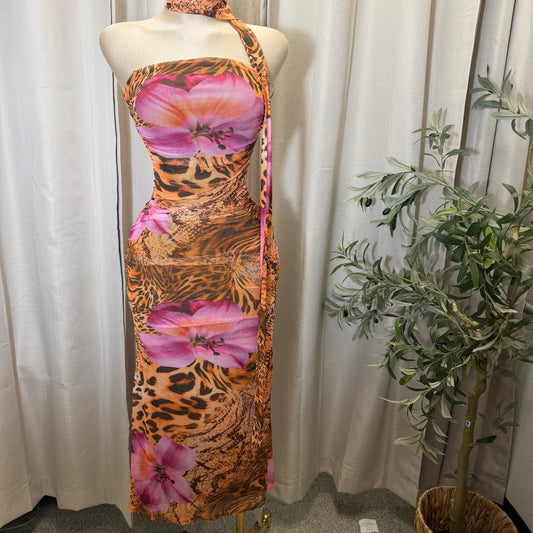 PRINT RUCHED MIDI DRESS-Brown Pink