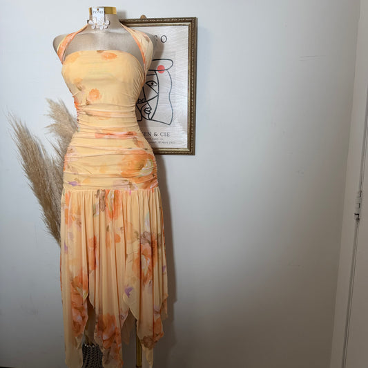 Printed Mesh Strapless Ruched Asymmetric maxi Dress-Peach Orange