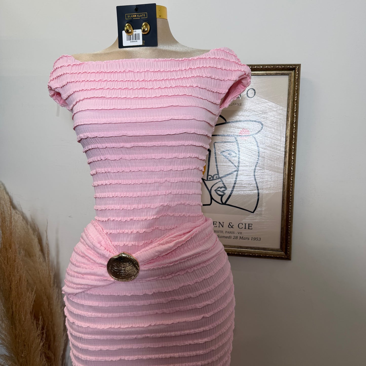 Textured Solid Off shoulder Maxi dress-Pink