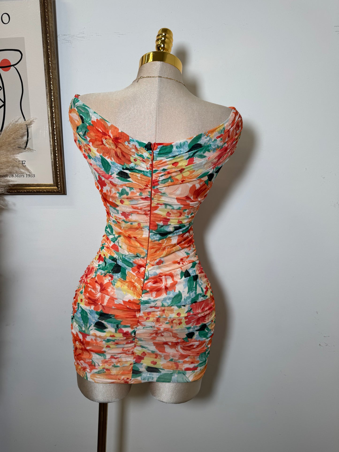 Off Shoulder Wire Inset Ruching -Orange
