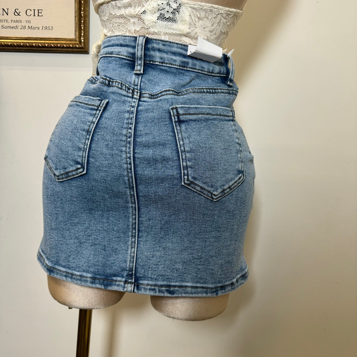 High Waisted Skirt Silver Button-LT Blue