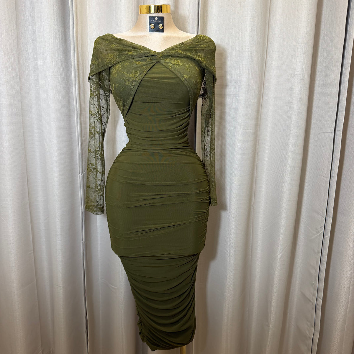 Off Shoulder Midi Dress-Olive
