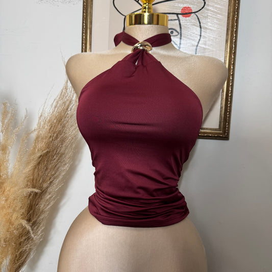 Halter Top w/ Trim Butter Jersey Fabric Gold Detail -Burgundy