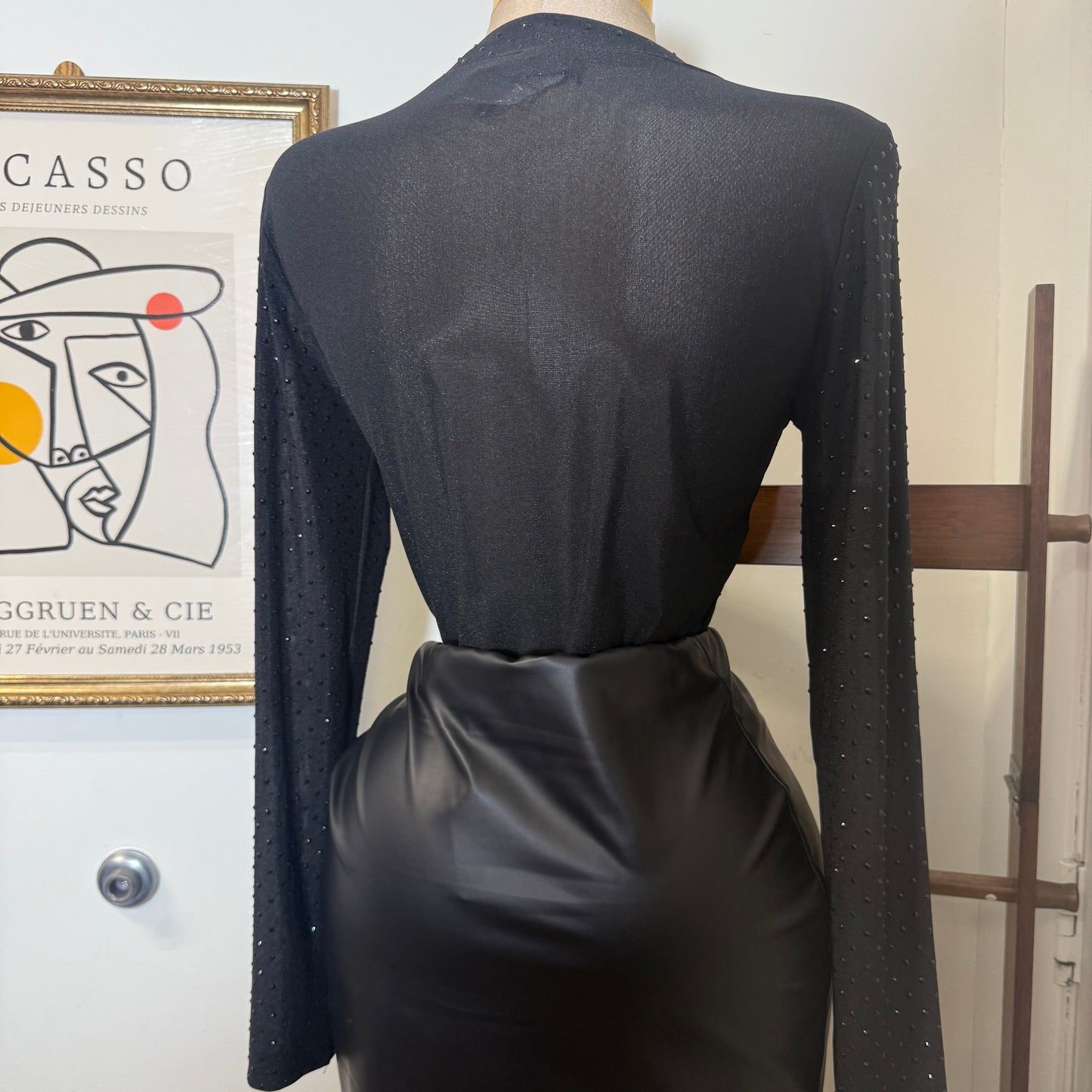 Long Sleeve Fitted Top in Mesh Black Rhinestone-Black